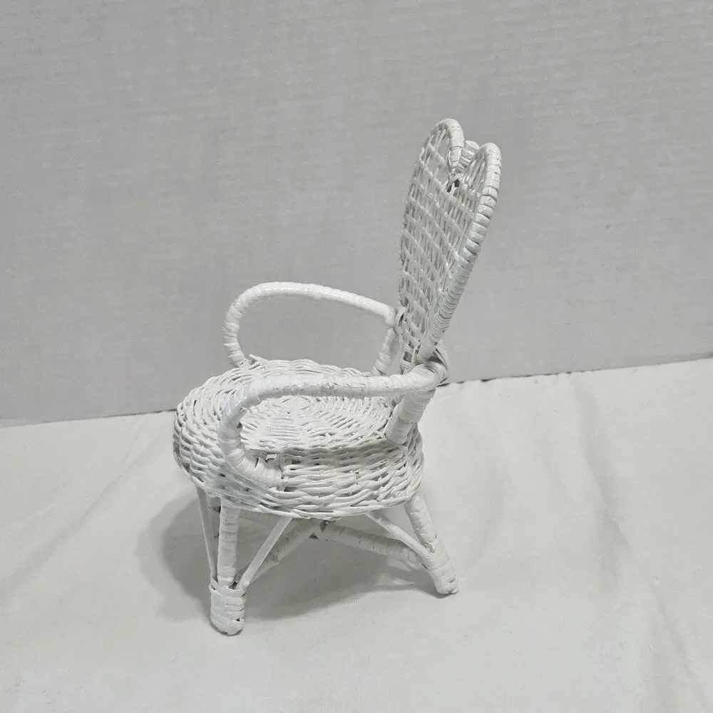 Vintage White Rattan Heart Wicker Doll Chair 10” Heart Shape Furniture